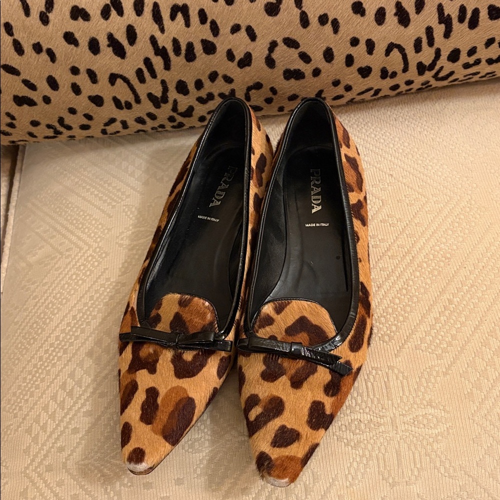 PRADA- women’s leopard print flats with black bow